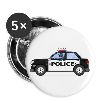 Polizeiauto mit Polizist Schwarz und Weiß - Buttons groß 56 mm (5er Pack) - Weiß - Vorne