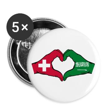 Schweiz Saudi Arabien Flagge Hände Herzform - Buttons groß 56 mm (5er Pack) - Weiß - Vorne