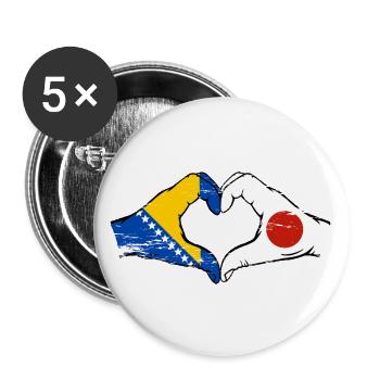 Bosnie Japon drapeau mains forme de coeur utilisé - Lot de 5 grands badges (56 mm) - blanc - Devant