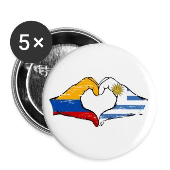 Kolumbien Uruguay Flagge Hände Herzform used - Buttons groß 56 mm (5er Pack) - Weiß - Vorne