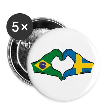 Brésil Suède Drapeau Mains Coeur Forme - Lot de 5 grands badges (56 mm) - blanc - Devant