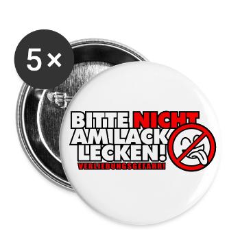 Bitte nicht am Lack lecken! Verliebungsgefahr! - Buttons groß 56 mm (5er Pack) - Weiß - Vorne