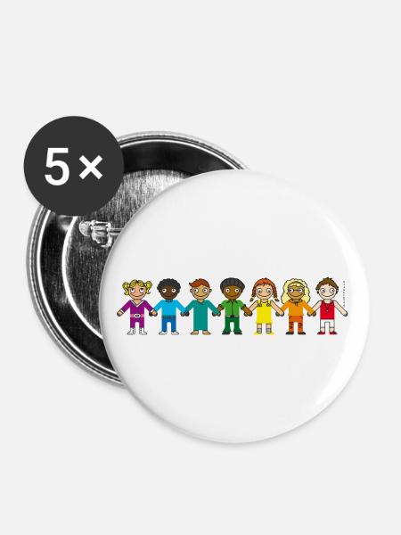 Kindertasse REGENBOGEN Schulanfang Kindergarten - Buttons groß 56 mm (5er Pack) - Weiß