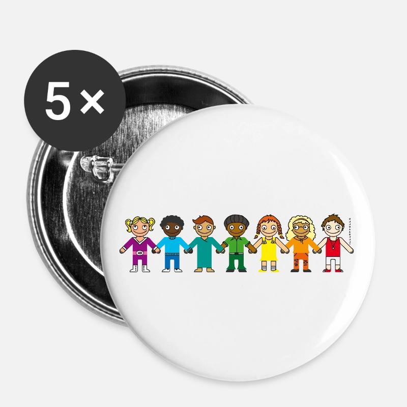 Kindertasse REGENBOGEN Schulanfang Kindergarten - Buttons groß 56 mm (5er Pack) - Weiß