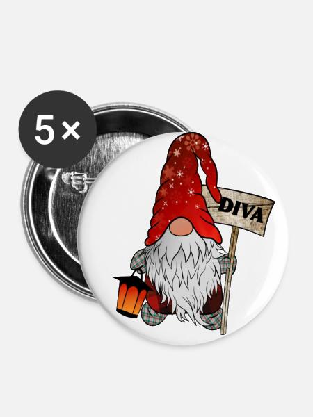 Wichtel Diva Weihnachtsgnom - Buttons groß 56 mm (5er Pack) - Weiß