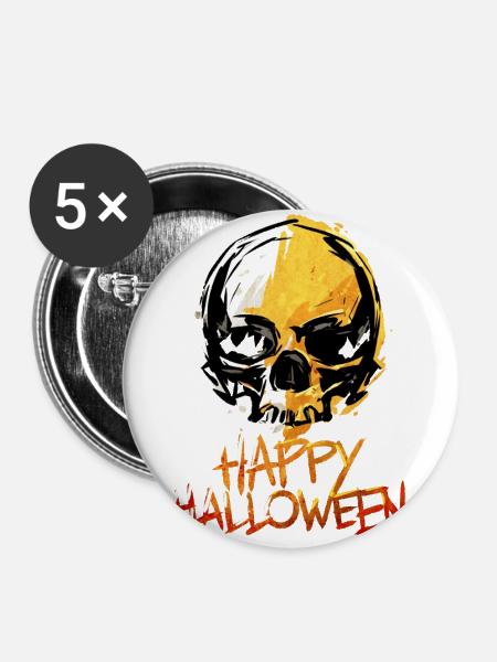 Glücklicher Halloween-Schädel - Buttons groß 56 mm (5er Pack) - Weiß