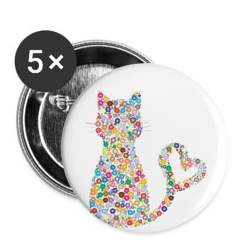 Kreis Muster Katze mit Herz Schwanz Schweif - Buttons groß 56 mm (5er Pack) - Weiß - Vorne