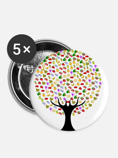 Lebensmittel Baum mit Obst - Buttons groß 56 mm (5er Pack) - Weiß