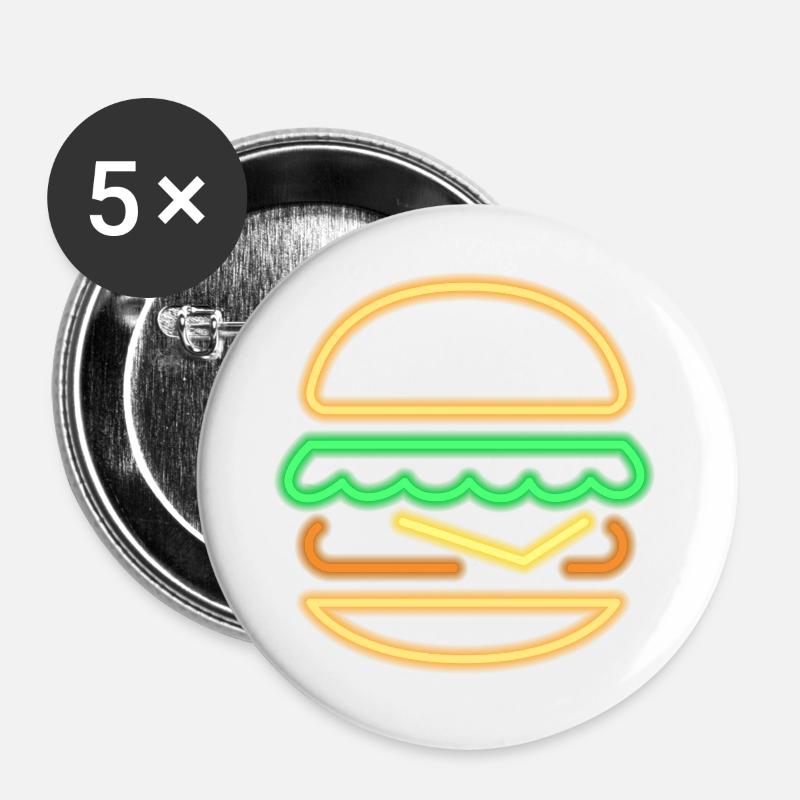 Neon Burger - 80s Retro Neon Sign - Buttons large 2.2''/56 mm (5-pack) - white