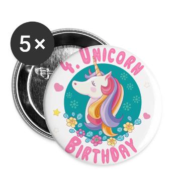 Unicorn 4th birthday 4 years - Unicorn birthday - Buttons large 2.2''/56 mm (5-pack) - white - Front