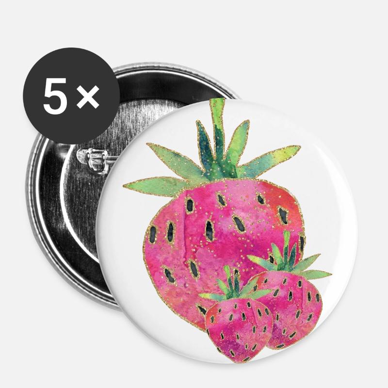 Erdbeere | Erdbeere - Buttons groß 56 mm (5er Pack) - Weiß