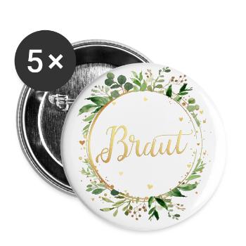 (leaf_frame_round_green_gold_braut) - Buttons groß 56 mm (5er Pack) - Weiß - Vorne