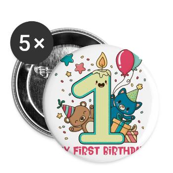 Birthday Baby - 1st Birthday Bear and Cat - Buttons large 2.2''/56 mm (5-pack) - white - Front