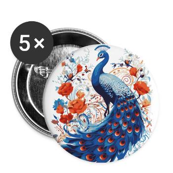 Bunter Pfau - Volkskunst - Buttons groß 56 mm (5er Pack) - Weiß - Vorne