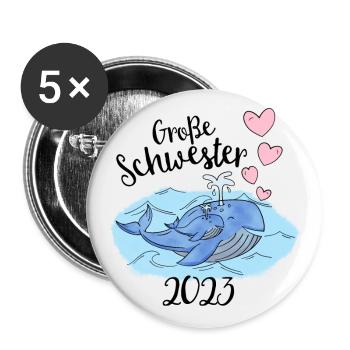 Große Schwester 2023 - Süße Wale Geschenk Idee - Buttons groß 56 mm (5er Pack) - Weiß - Vorne