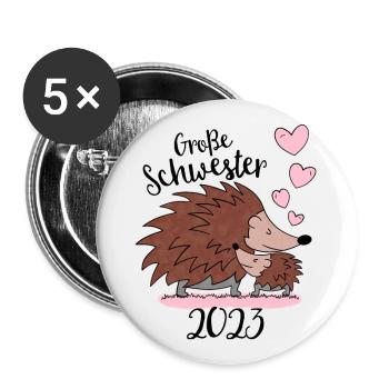 Große Schwester 2023 - Süße Igel Geschenk Idee - Buttons groß 56 mm (5er Pack) - Weiß - Vorne