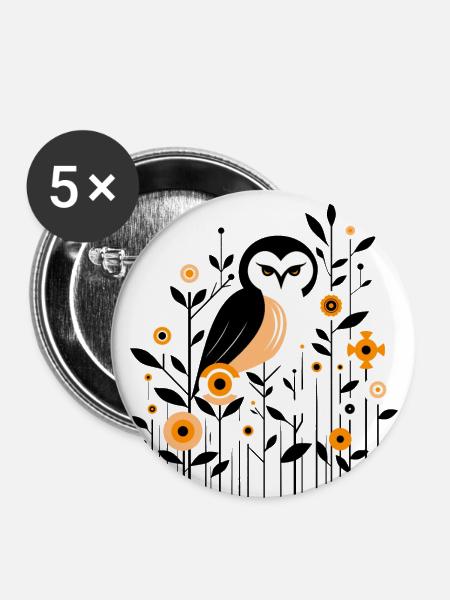 Florale Eule - Buttons groß 56 mm (5er Pack) - Weiß