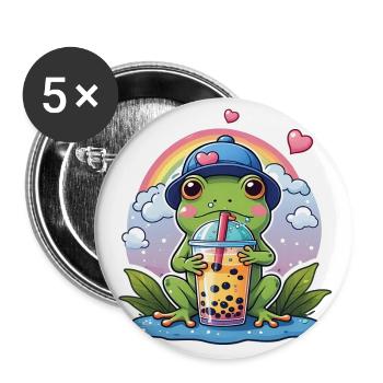 Grenouille mignonne en casquette de baseball buvant de la limonade - Lot de 5 grands badges (56 mm) - blanc - Devant