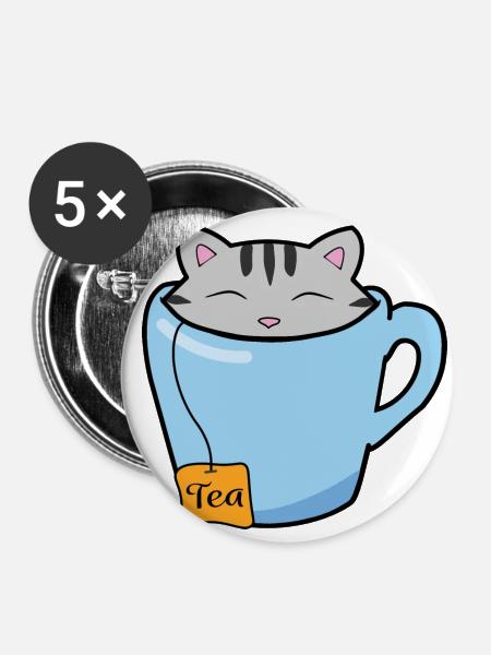 Teetasse Katze - Buttons groß 56 mm (5er Pack) - Weiß