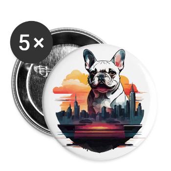 SILHOUETTE DE BOULEDOGUE FRANÇAIS AVEC UN COUCHER DE SOLEIL DE VILLE - Lot de 5 grands badges (56 mm) - blanc - Devant