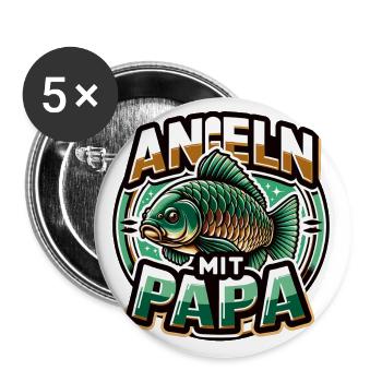 Angeln mit Papa. Buntes Angelmotiv mit Karpfen - Buttons groß 56 mm (5er Pack) - Weiß - Vorne