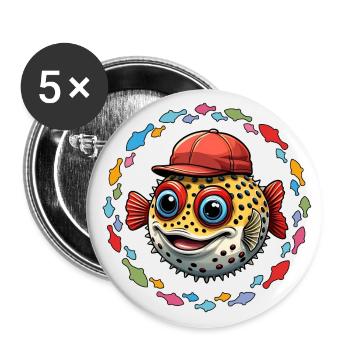 Kugelfisch mit roter Basecap und bunten Fischen - Buttons groß 56 mm (5er Pack) - Weiß - Vorne