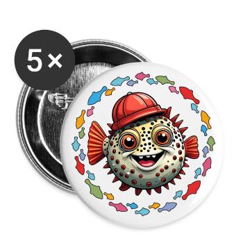 Kugelfisch mit roter Basecap und bunten Fischen - Buttons groß 56 mm (5er Pack) - Weiß - Vorne