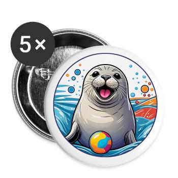 Sceau rieur phoque avec boule colorée - Lot de 5 grands badges (56 mm) - blanc - Devant