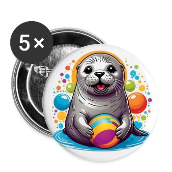 Lachender Seehund Robbe mit buntem Ball - Buttons groß 56 mm (5er Pack) - Weiß - Vorne