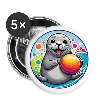 Lachender Seehund Robbe mit buntem Ball - Buttons groß 56 mm (5er Pack) - Weiß - Vorne