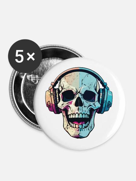 Skull DJ - Buttons large 2.2''/56 mm (5-pack) - white