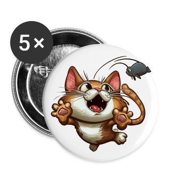 Katze fängt Die Maus ist gefangen - Buttons groß 56 mm (5er Pack) - Weiß - Vorne