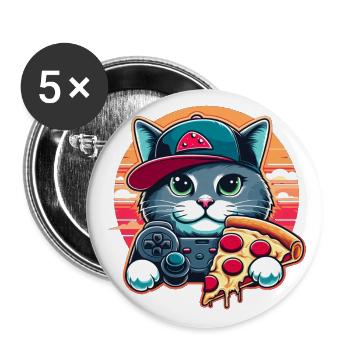 Katze Gamer liebt Pizza, Gaming-Geschenk - Buttons groß 56 mm (5er Pack) - Weiß - Vorne