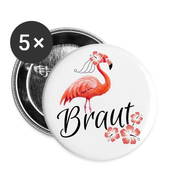 Braut Flamingo JGA Hochzeit Gruppenshirt 1 - Buttons groß 56 mm (5er Pack) - Weiß - Vorne