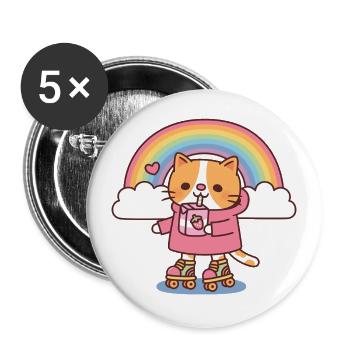 Süße Katze Mit Erdbeermilch Und Rollschuhen - Buttons groß 56 mm (5er Pack) - Weiß - Vorne