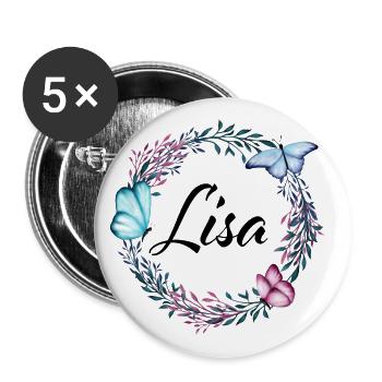 Lisa, Name, Schriftzug, Blumenkranz, Geschenk - Buttons groß 56 mm (5er Pack) - Weiß - Vorne