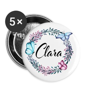Clara, nom, lettrage, couronne de fleurs, cadeau - Lot de 5 grands badges (56 mm) - blanc - Devant