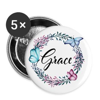 Grace, Name, Schriftzug, Blumenkranz, Geschenk - Buttons groß 56 mm (5er Pack) - Weiß - Vorne