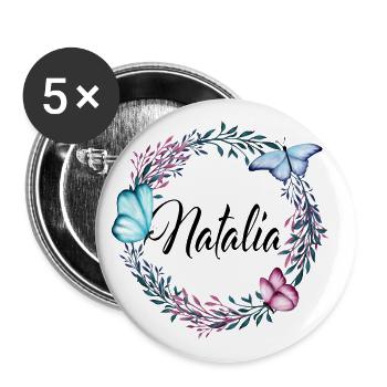 Natalia, nom, lettrage, couronne de fleurs, cadeau - Lot de 5 grands badges (56 mm) - blanc - Devant