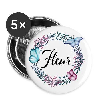 Fleur, nom, lettrage, couronne de fleurs, cadeau - Lot de 5 grands badges (56 mm) - blanc - Devant