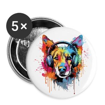 Chien avec musique casque - Lot de 5 grands badges (56 mm) - blanc - Devant