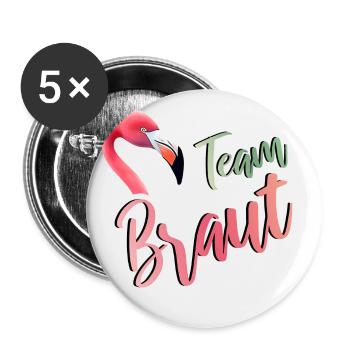Flamingo Team Braut JGA Hochzeit Gruppenshirt 2 - Buttons groß 56 mm (5er Pack) - Weiß - Vorne