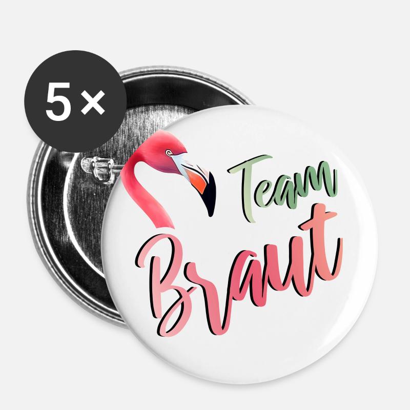 Flamingo Team Braut JGA Hochzeit Gruppenshirt 2 - Buttons groß 56 mm (5er Pack) - Weiß