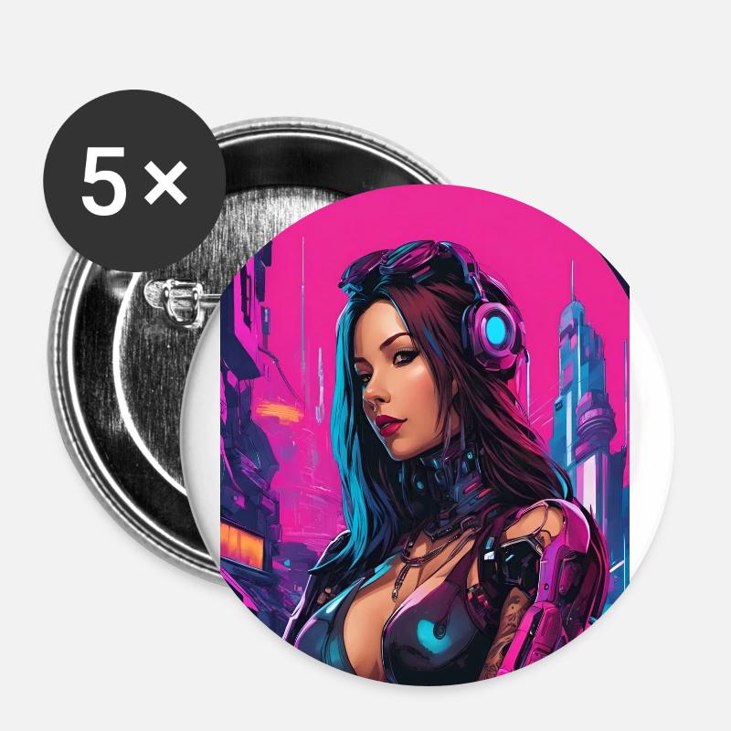Porträt einer jungen Cyberpunk-Frau - Buttons groß 56 mm (5er Pack) - Weiß