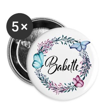 Babette, nom, lettrage, couronne de fleurs, cadeau - Lot de 5 grands badges (56 mm) - blanc - Devant