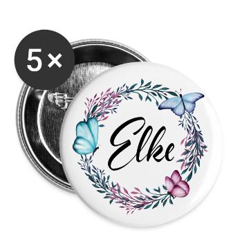 Elke, Name, Schriftzug, Blumenkranz, Geschenk - Buttons groß 56 mm (5er Pack) - Weiß - Vorne