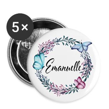 Emanuelle, nom, lettrage, couronne leurs, cadeau - Lot de 5 grands badges (56 mm) - blanc - Devant