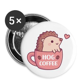 Süßer Igel im Kaffeebecher, Schwein Kaffee Wortspiel lustig - Buttons groß 56 mm (5er Pack) - Weiß - Vorne