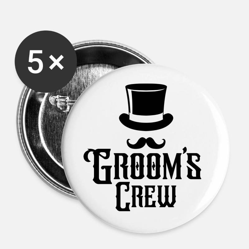 Groom's Crew Top Hat Schnurrbart Herren Junggesellenabschied - Buttons groß 56 mm (5er Pack) - Weiß