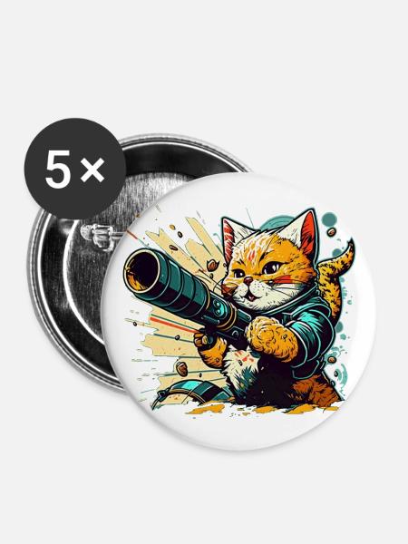 Katze und Bazooka - Buttons groß 56 mm (5er Pack) - Weiß